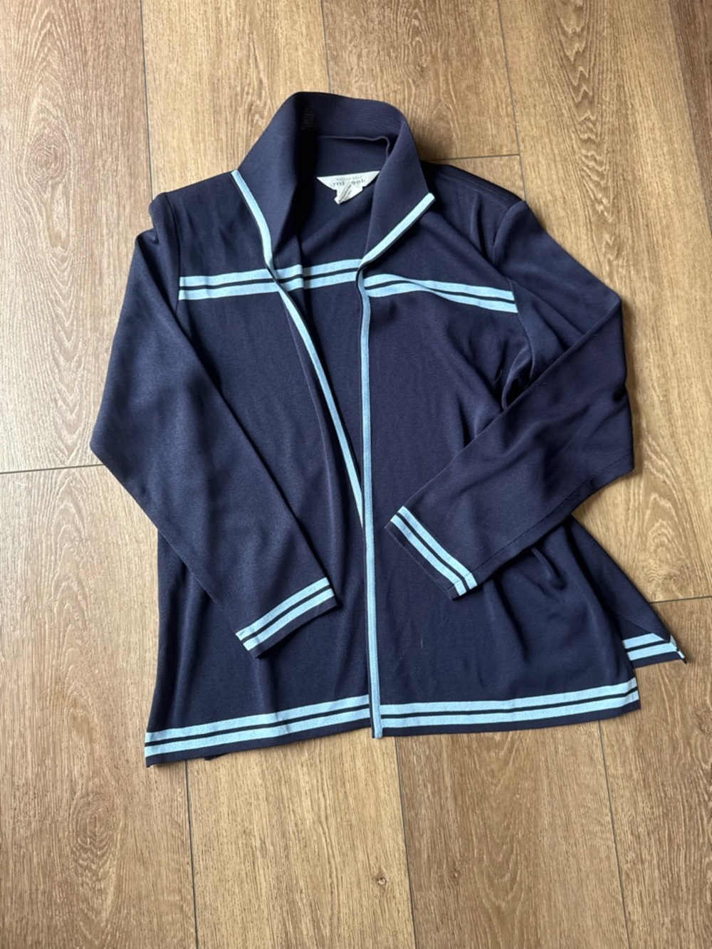 Misook Navy Blue Women's Open-Front Cardigan with Light Blue Trim